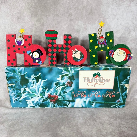 Holly Tree Other - Vtg Holly Tree Wooden Ho Ho Ho Christmas Tabletop Sign Holiday Decor Whimsy NIB